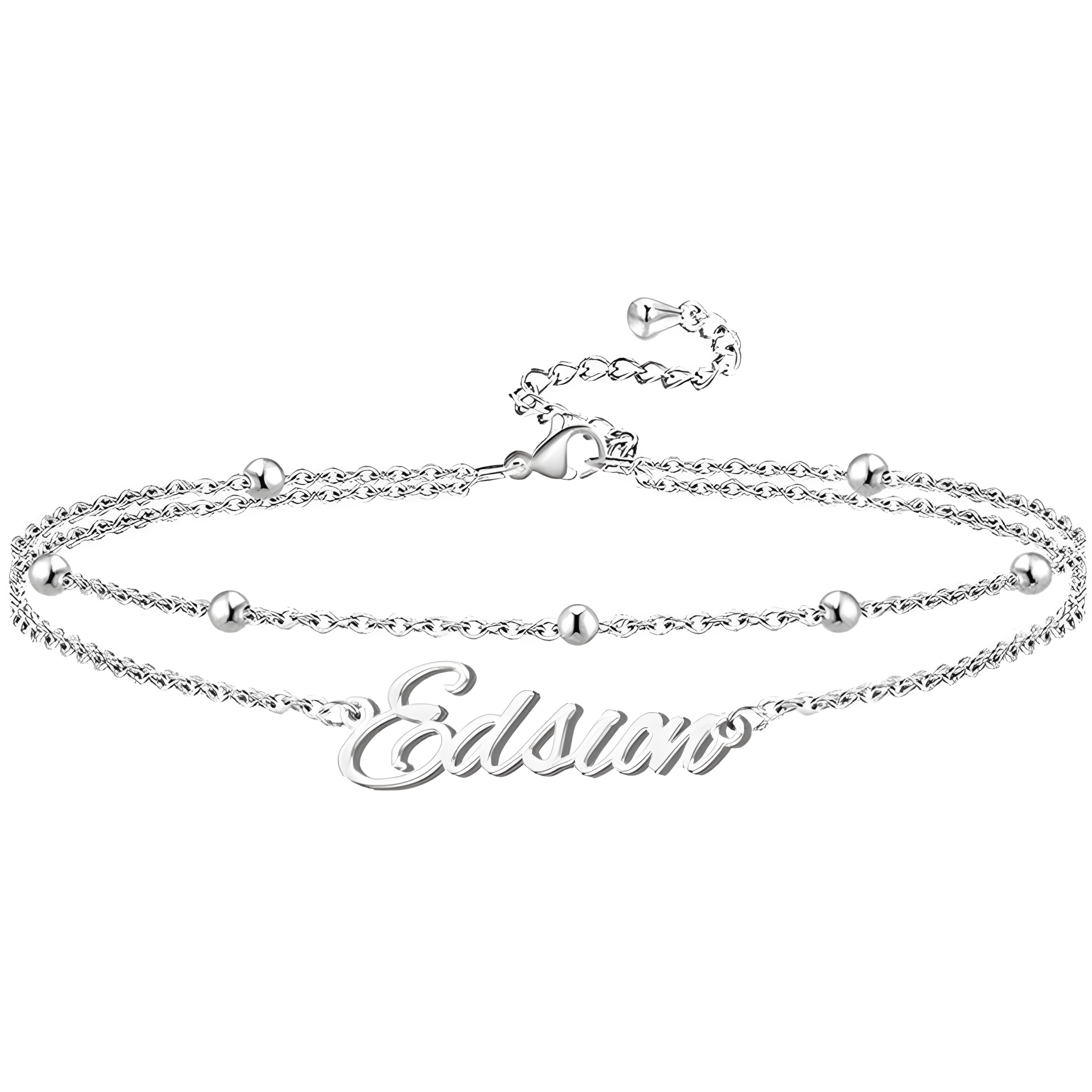 Silver chain bracelets arranged diagonally on a white background, with cursive text that reads 'Edition' nearby (jewelry product image)