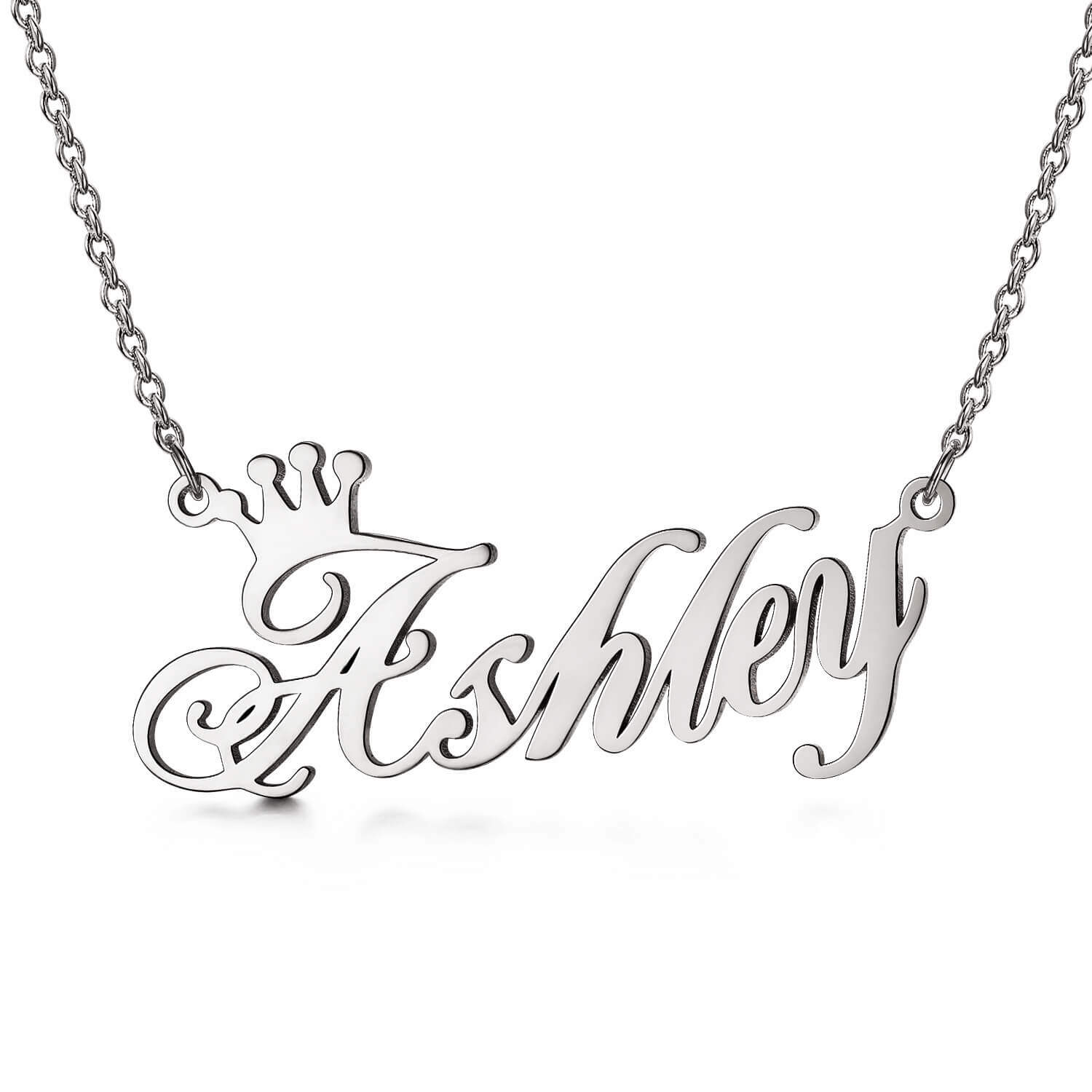 Name necklace with the word 'Ashlei' in cursive silver letters, crown accent on the A