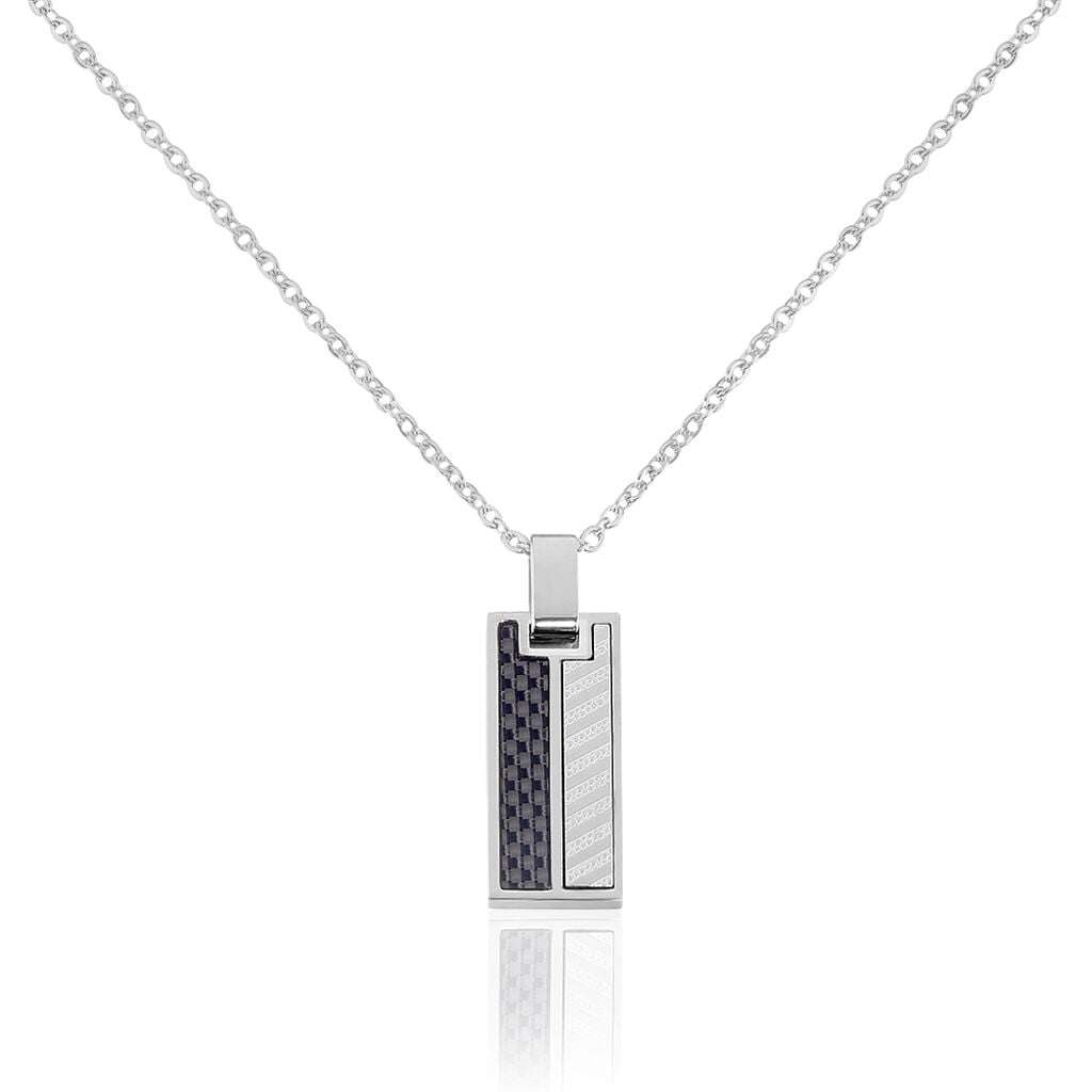 Silver chain necklace with a rectangular pendant showing a dark checker pattern beside a light striped panel.