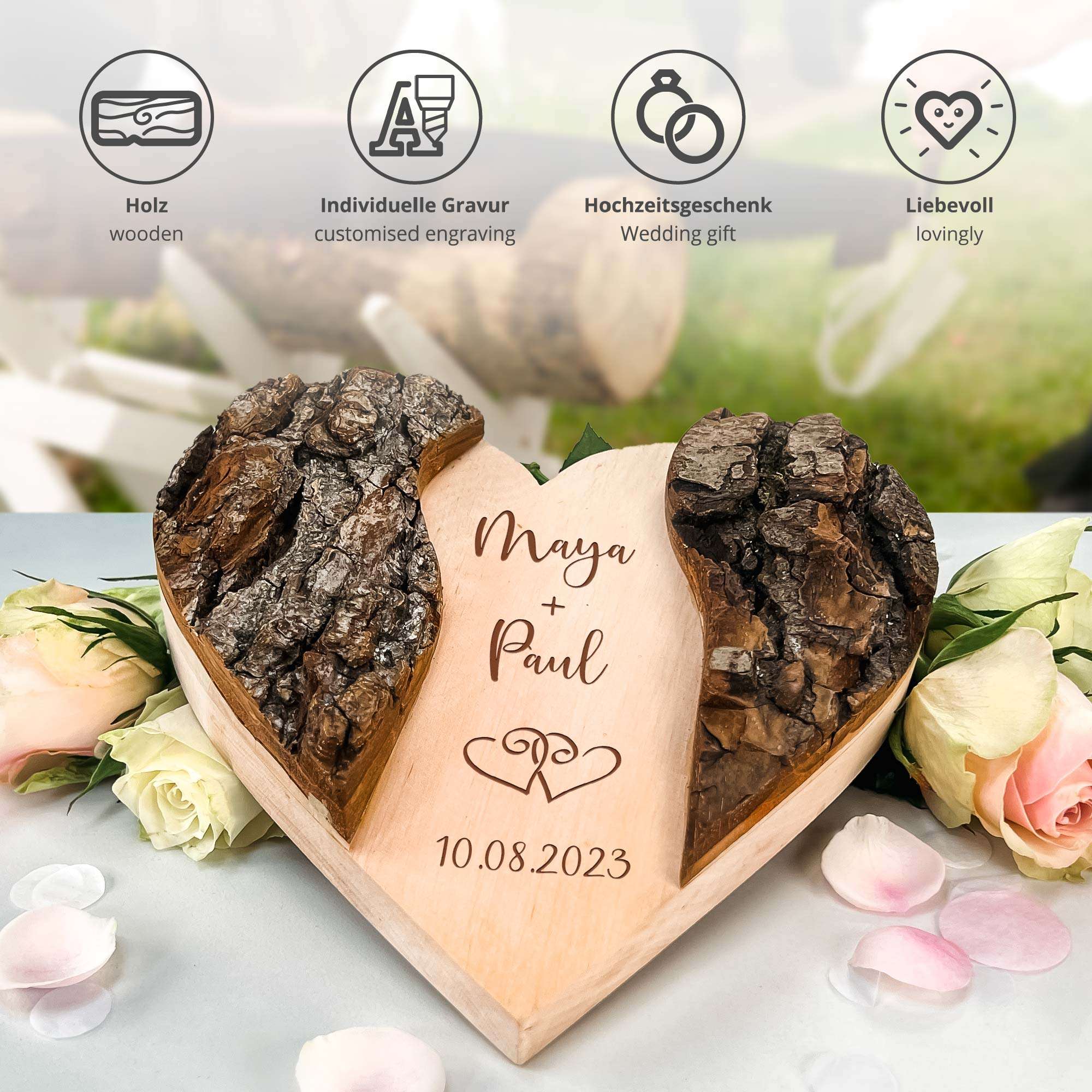 Holz Herz mit Gravur zur Hochzeit - Herzen