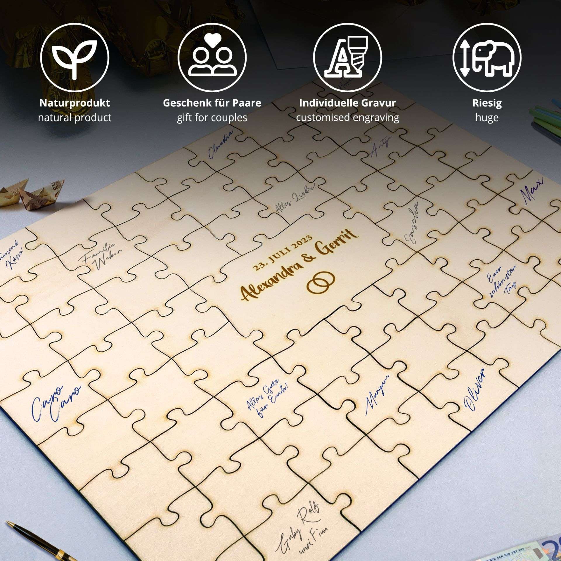 A2 Puzzle Gästebuch mit Ringe Gravur - Hochzeit