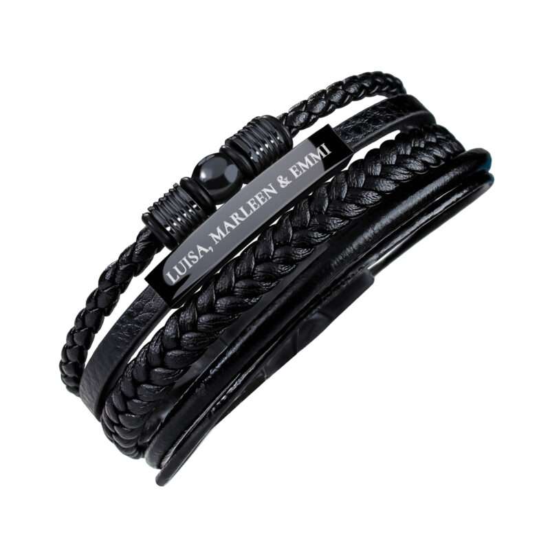 Geflochtenes Herrenarmband mit Beads Schwarz - mit Gravur