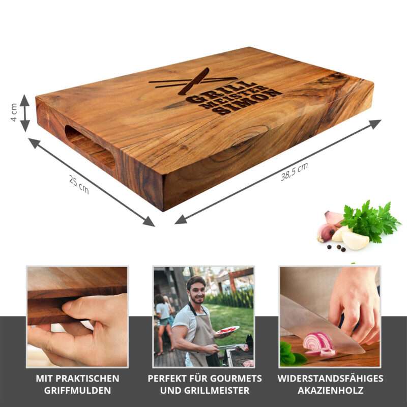 Schneideblock Akazie mit Griffmulden - Grillmeister Gravur