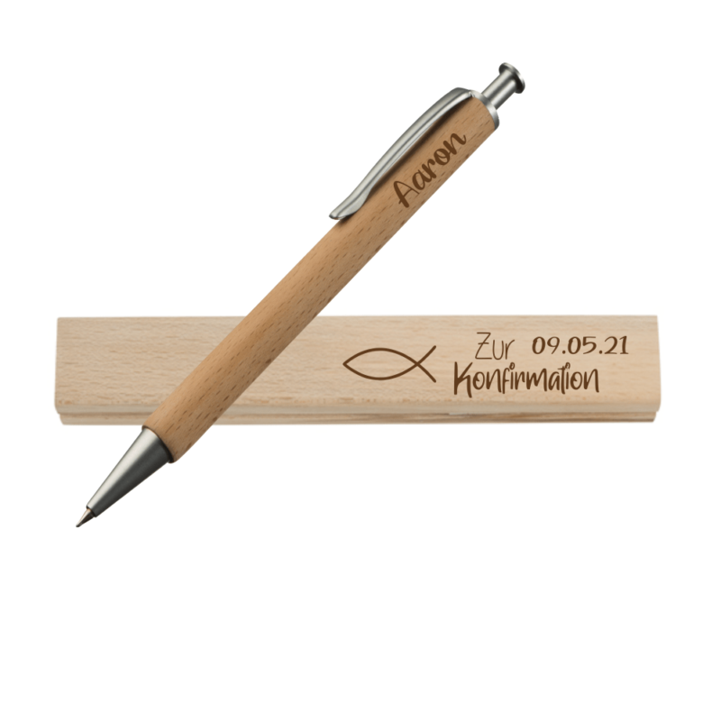 Holz-Kugelschreiber + Wunschname zur Konfirmation Fisch