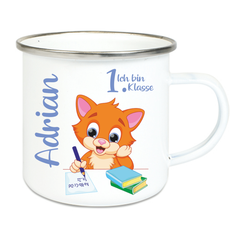 Kinder Tasse Emaille zur Einschulung Motiv Kater
