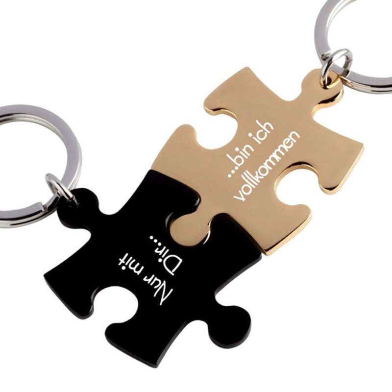 Partner-Schlüsselanhänger mit Gravur Puzzle schwarz gold