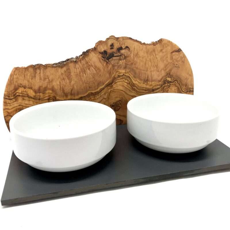 Futterstation Katze - Duo Mountain mit Porzellanschalen aus Olivenholz 2x400ml