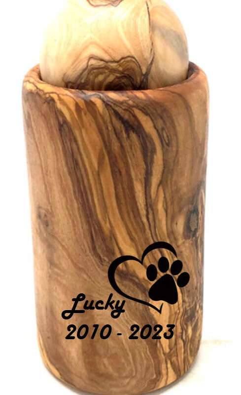 Urne aus Olivenholz mit Kugelverschluss für Tiere bis ca. 15 kg Lebendgewicht