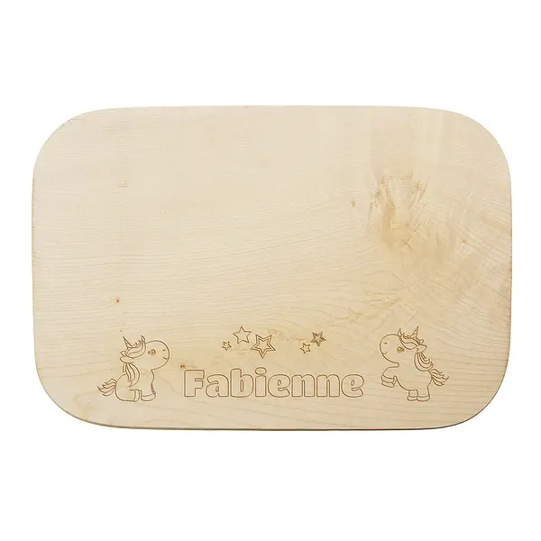Frühstücksbrettchen mit Namensgravur und Einhörnern 28x19x1,5 cm